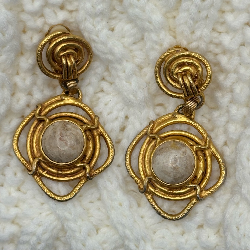 Vintage Robert Rose Gold Tone Clip Earrings With Cabochon Stone